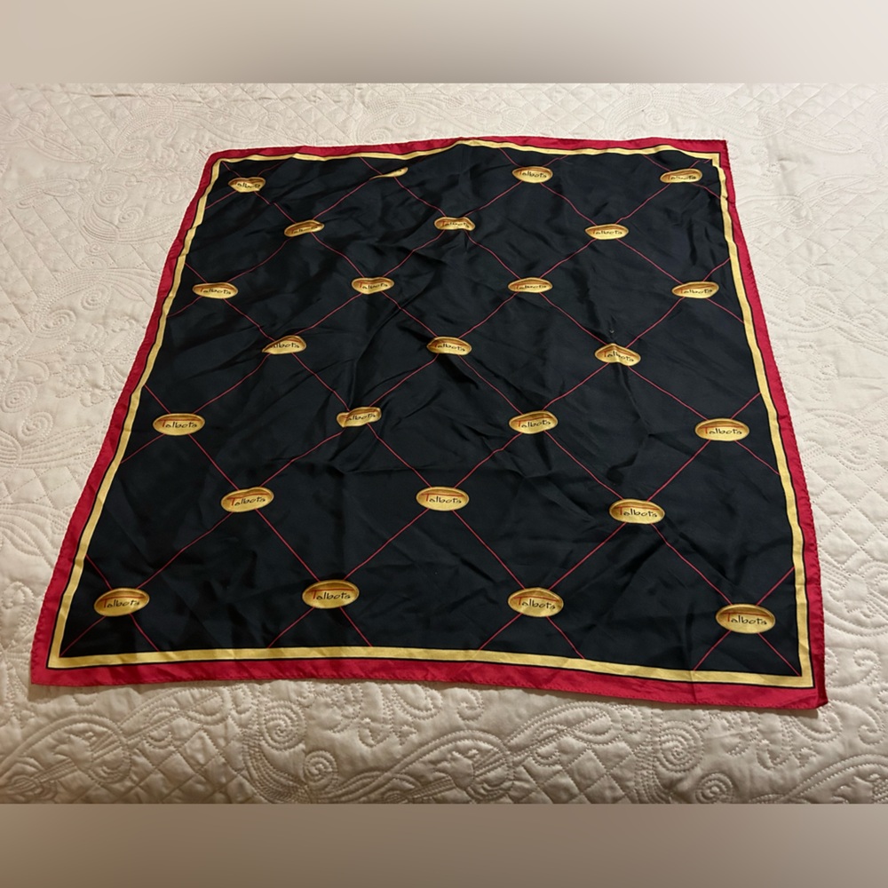 Talbots Signature Logo 100% Silk Scarf 21” Square Red Black Gold